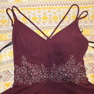 B Darlin Burgundy Mini Dress with Embellished Waist